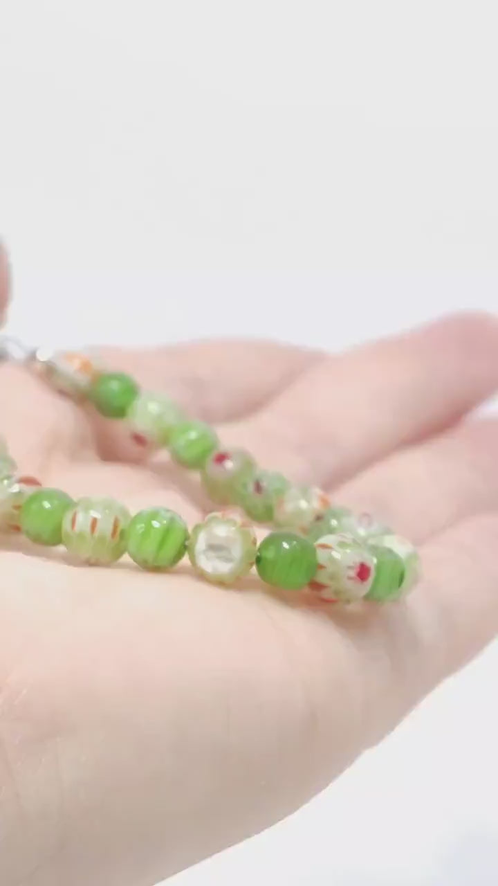 Mosaic Green Millefiori Glass Bracelet – Floral Designs | Whimsical Nature-Inspired Jewelry | Handmade USA Gift for Her | Eclectic Jewelry