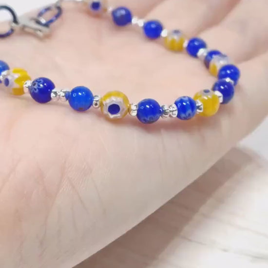 Blue & Yellow Mosaic Millefiori Glass Bracelet – Whimsical Floral Beaded Jewelry | Bohemian Gift for Her | USA Made Eclectic Jewelry