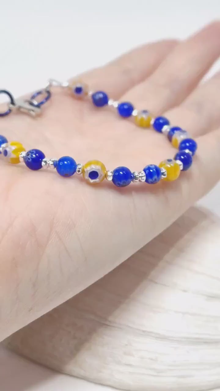Blue & Yellow Mosaic Millefiori Glass Bracelet – Whimsical Floral Beaded Jewelry | Bohemian Gift for Her | USA Made Eclectic Jewelry