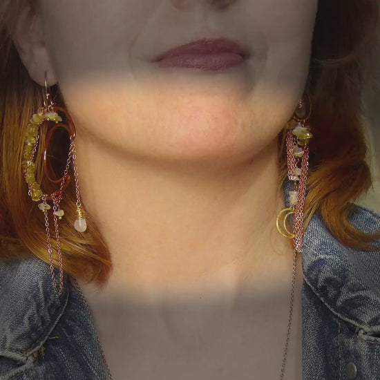 Asymmetrical Moon Earrings | Hammered Copper Earrings | Citrine and Moonstone Jewelry | Sustainable Jewelry | Celestial Jewelry Gift For Her
