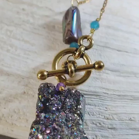 Toggle Clasp Necklace w/Drusy Pendant | Natural Abalone, Apatite, Amethyst Gemstones | Sustainable Fashion | Boho Jewelry | Meaningful Gift
