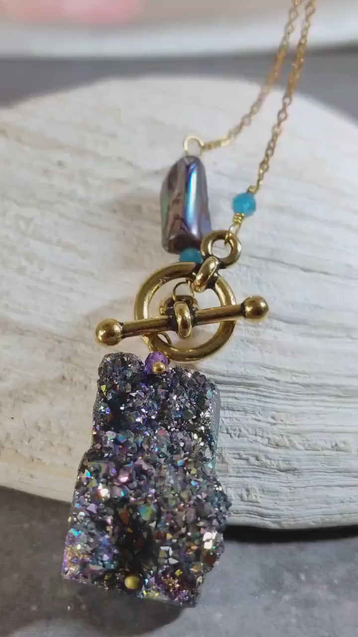 Toggle Clasp Necklace w/Drusy Pendant | Natural Abalone, Apatite, Amethyst Gemstones | Sustainable Fashion | Boho Jewelry | Meaningful Gift