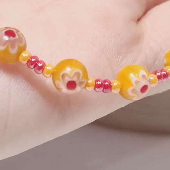 Mosaic Millefiori Glass Bracelet –Yellow & Red Floral Design | Whimsical Glass Bead Bracelet | USA Made Gift For Her | Eclectic Jewlery