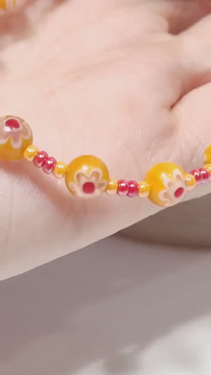 Mosaic Millefiori Glass Bracelet –Yellow & Red Floral Design | Whimsical Glass Bead Bracelet | USA Made Gift For Her | Eclectic Jewlery