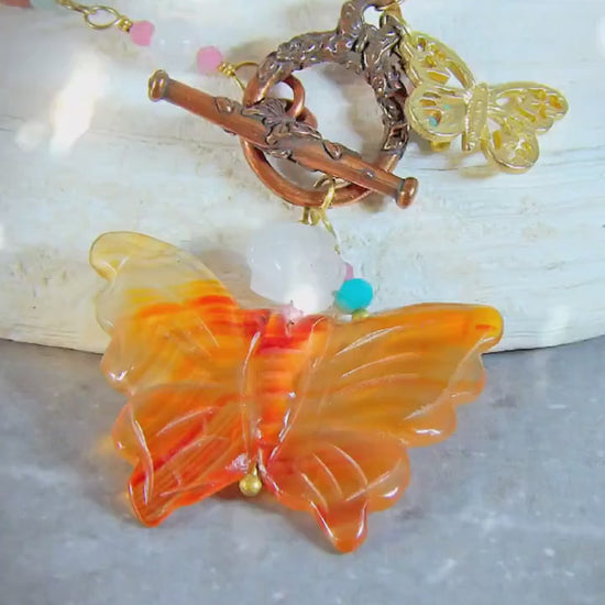 T Clasp Necklace Carnelian Butterfly Necklace | Raw Crystal Mix Necklace | Meaningful Gift For Her | Nature Lovers | Symbolic Charm Necklace