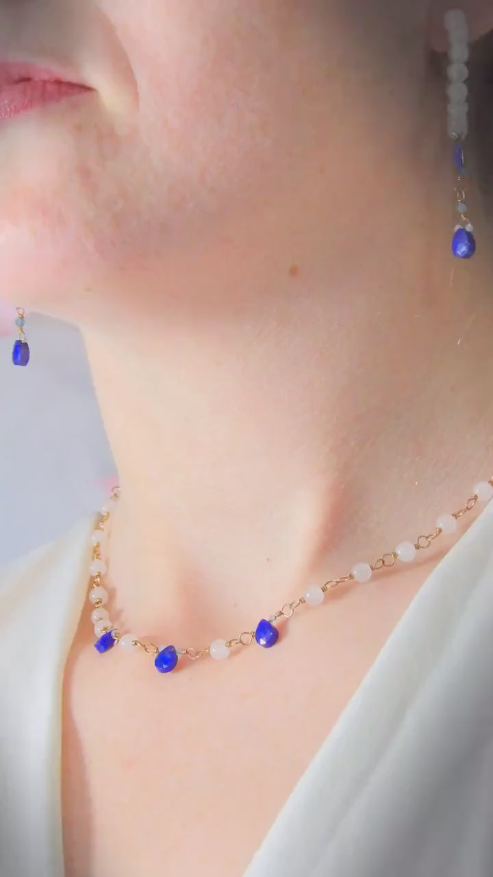 Lapis Lazuli Beaded Hoop Earrings White Jade Aquamarine | Sustainable Fashion | One Of A Kind | Raw Crystal Earrings | Meaningful Gift