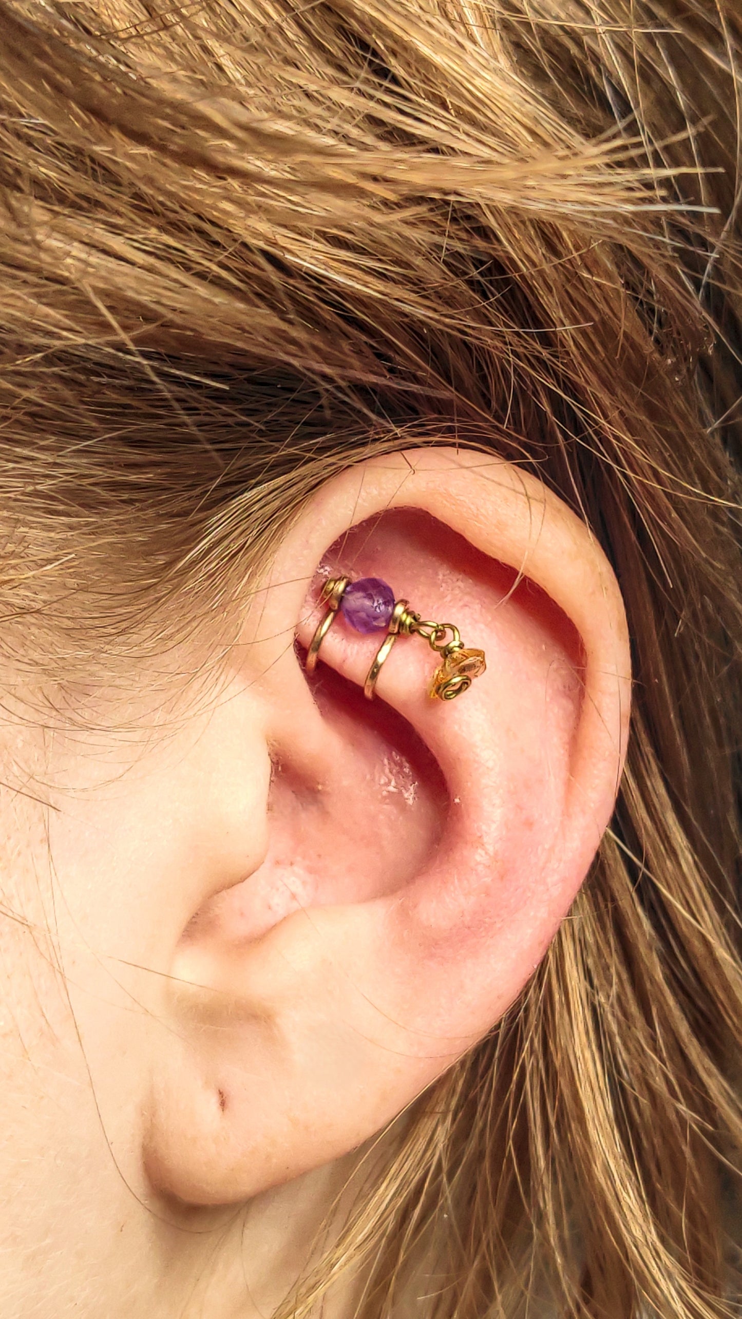 Raw Bronze Rook Ear Cuff with Faceted Amethyst and Imperial Topaz Accents – Tidal Collection