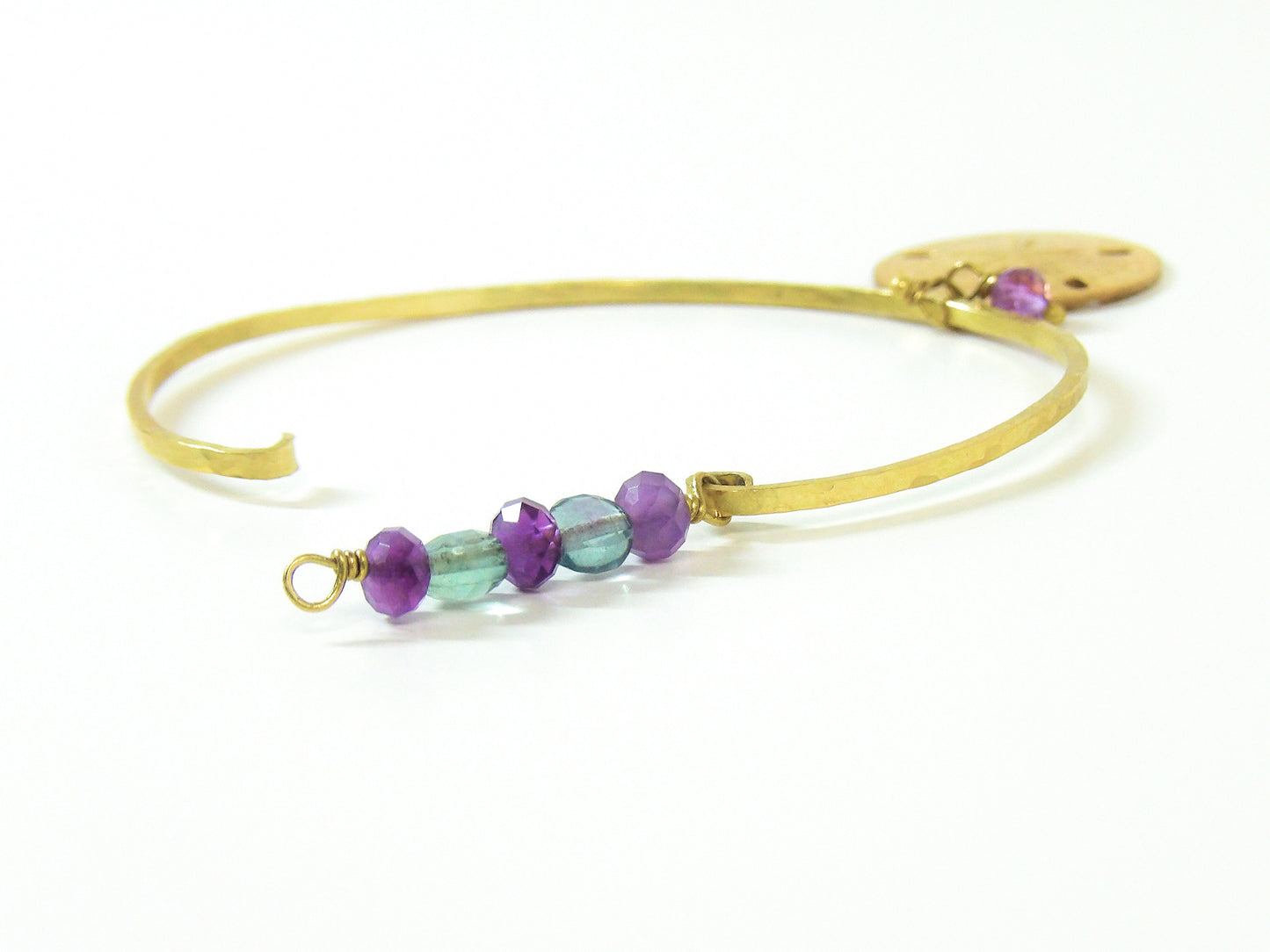 Hammered Brass Bangle with Fluorite & Amethyst Beads and Sand Dollar Charm – Tidal Collection