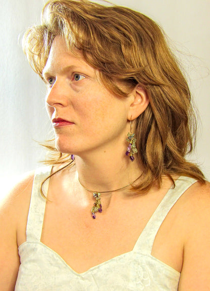 Raw Bronze Mini Hoop Earrings with Amethyst & Fluorite Clusters - Tidal Collection