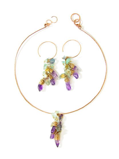 Raw Bronze Mini Hoop Earrings with Amethyst & Fluorite Clusters - Tidal Collection