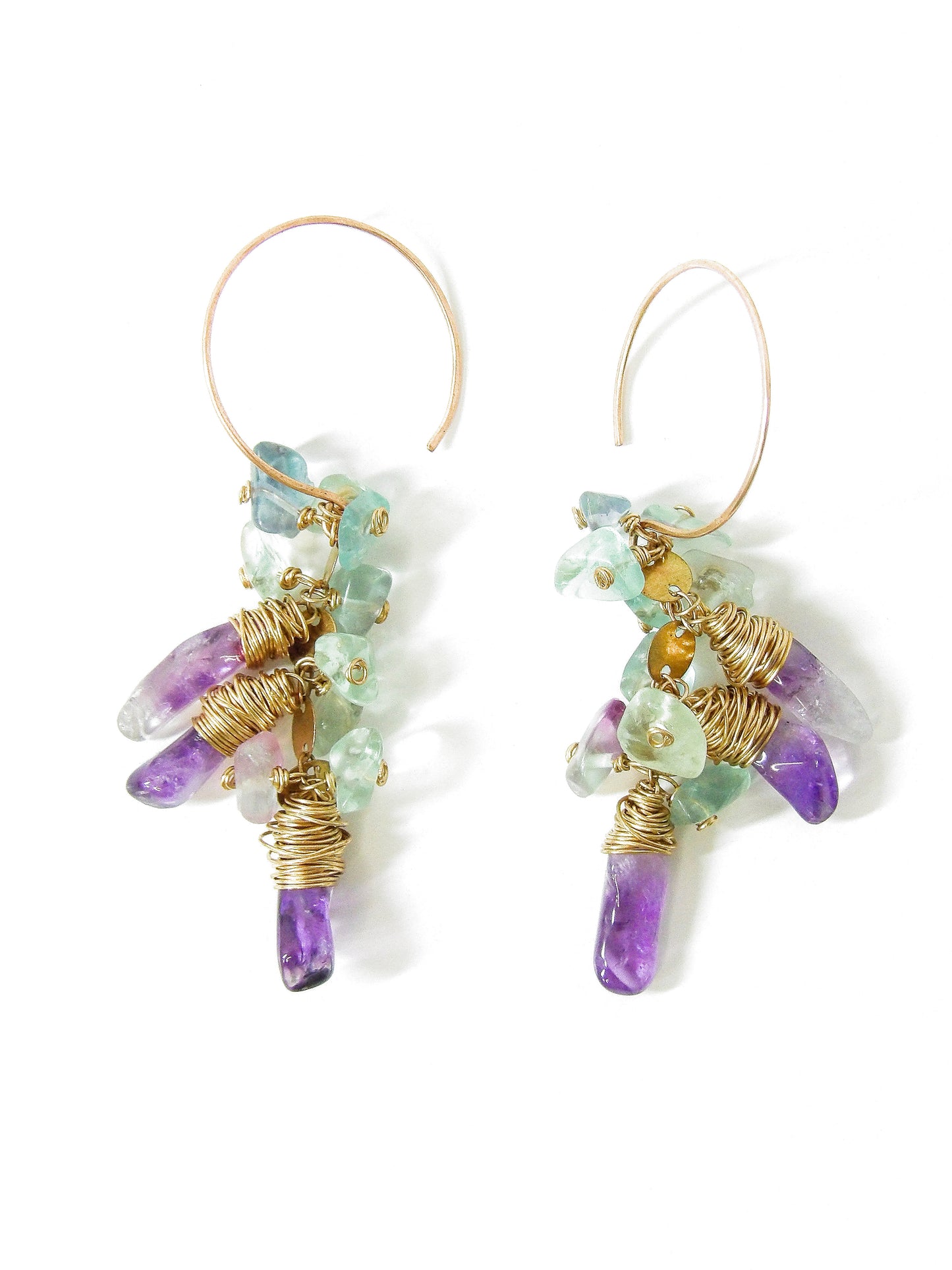 Raw Bronze Mini Hoop Earrings with Amethyst & Fluorite Clusters - Tidal Collection