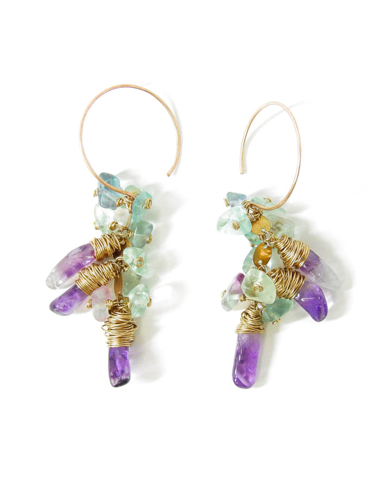 Raw Bronze Mini Hoop Earrings with Amethyst & Fluorite Clusters - Tidal Collection