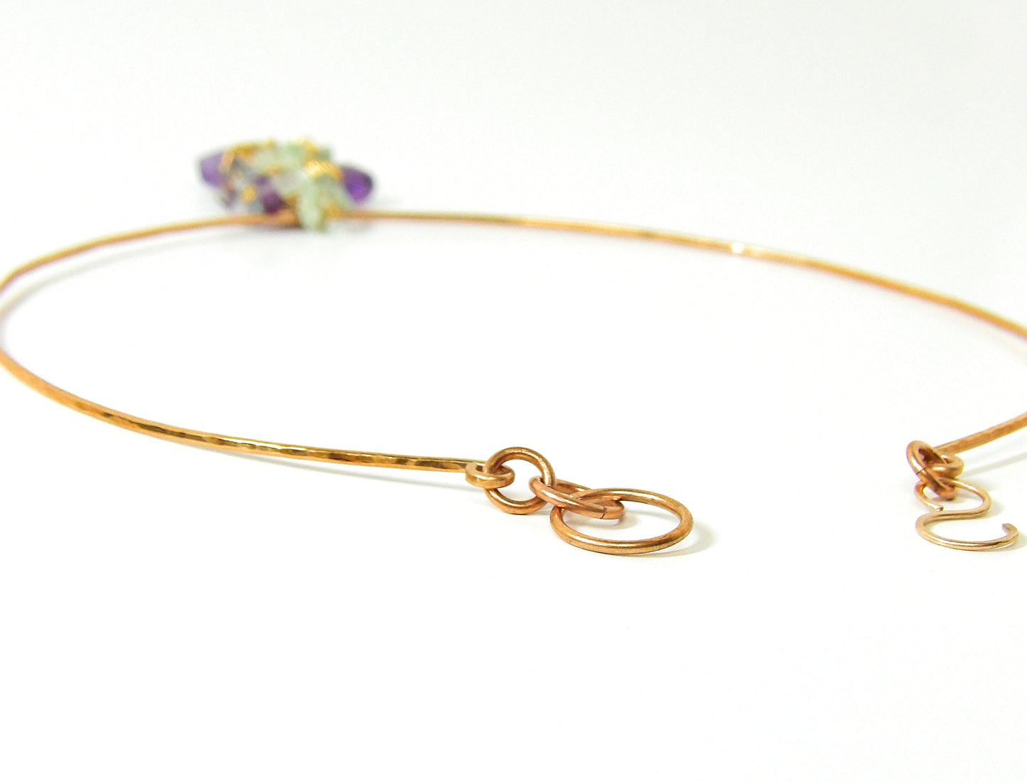 Hammered Bronze Choker Necklace with Amethyst and Fluorite – Handcrafted Tidal Collection