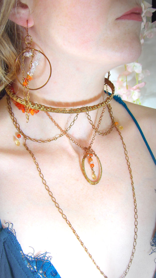 Choker Collar Necklace Set With Carnelian & Rose Quartz
