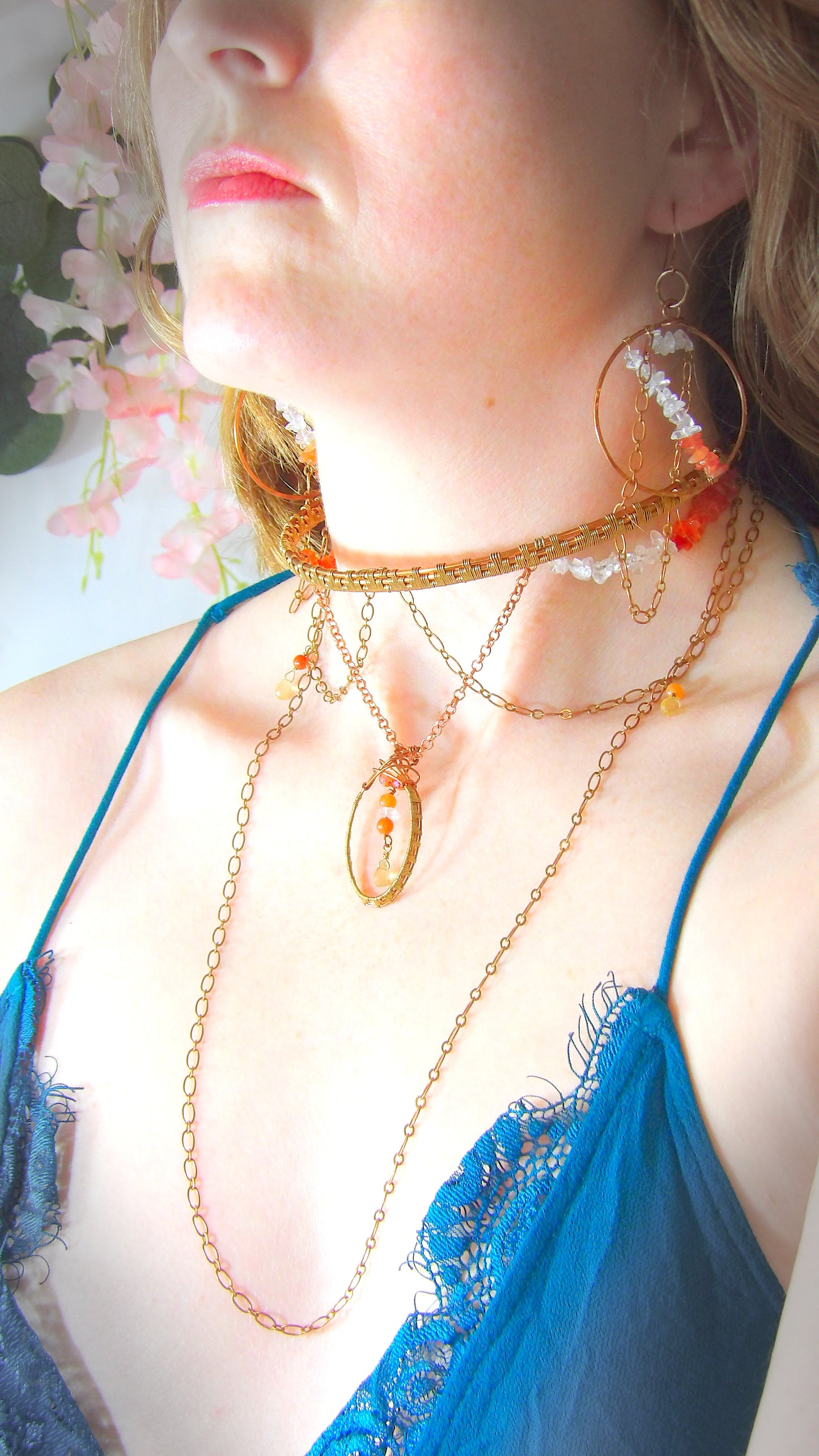 Choker Collar Necklace Set With Carnelian & Rose Quartz