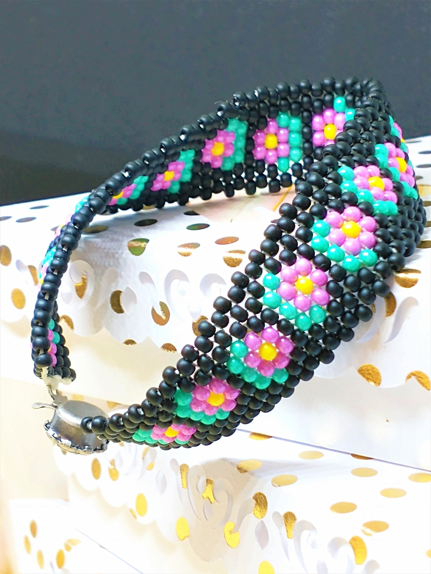 Boho Chic Beaded Bracelet | Boho Daisy Cuff Bracelet Handmade Boho Jewelry | Woven Glass Seed Bead Bracelet | Bohemian Cuff Bracelet