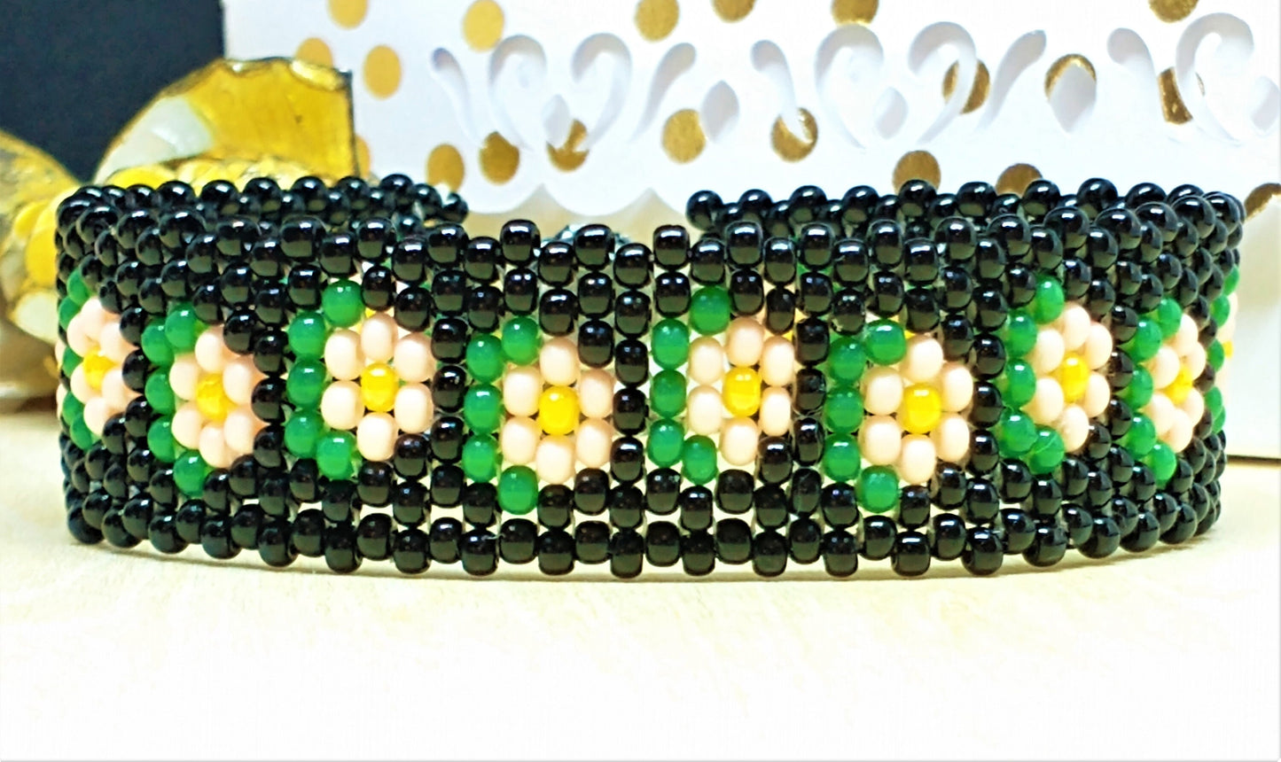 Boho Chic Beaded Bracelet | Boho Flower Cuff Bracelet Handmade Boho Jewelry | Woven Glass Seed Bead Bracelet | Bohemian Cuff Bracelet