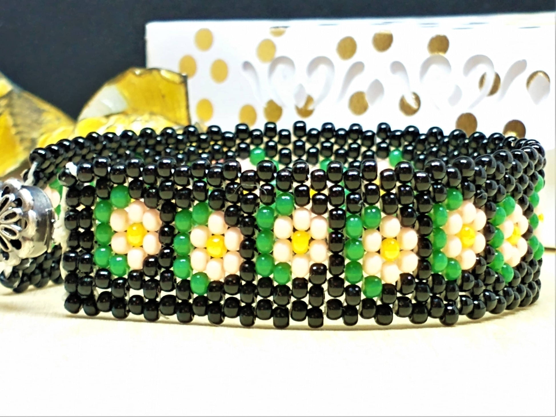 Boho Chic Beaded Bracelet | Boho Flower Cuff Bracelet Handmade Boho Jewelry | Woven Glass Seed Bead Bracelet | Bohemian Cuff Bracelet