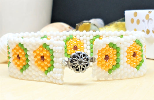Boho Chic Beaded Bracelet | Flower Boho Cuff Bracelet | Handmade Boho Jewelry | Woven Glass Seed Bead Bracelet | Bohemian Cuff Bracelet