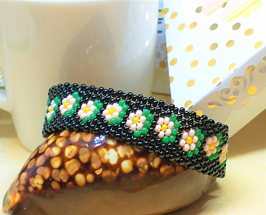 Boho Chic Beaded Bracelet | Boho Flower Cuff Bracelet Handmade Boho Jewelry | Woven Glass Seed Bead Bracelet | Bohemian Cuff Bracelet