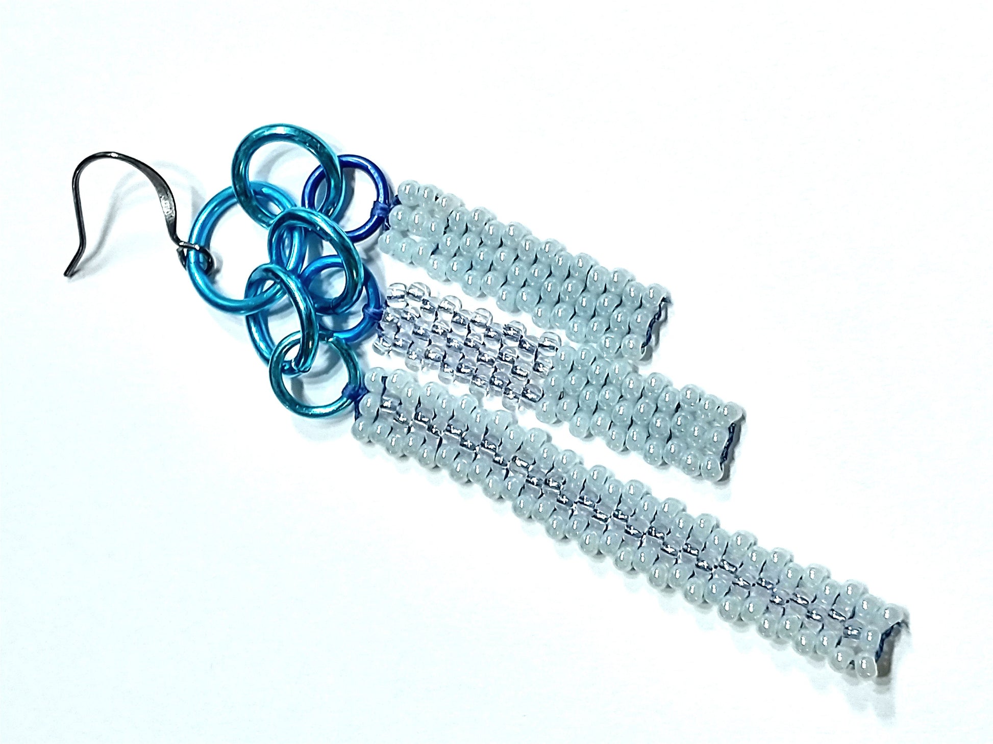 Tiered Pastel Blue Beaded Bar Earrings | Geometric Seed Bead Fringe | Colorful Handwoven Native Beadwork | Chic Bohemian Jewelry | PNW Gift