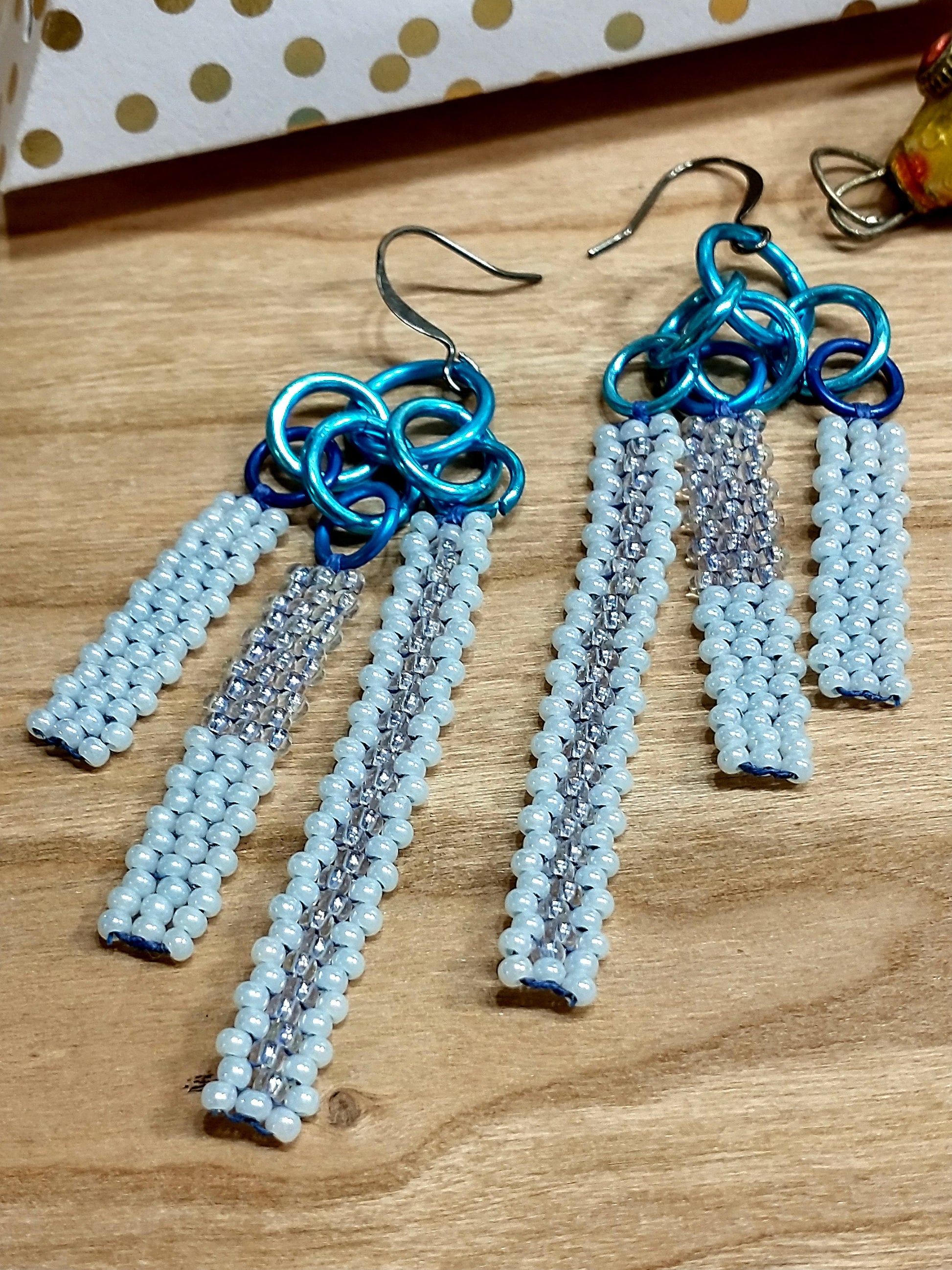 Tiered Pastel Blue Beaded Bar Earrings | Geometric Seed Bead Fringe | Colorful Handwoven Native Beadwork | Chic Bohemian Jewelry | PNW Gift