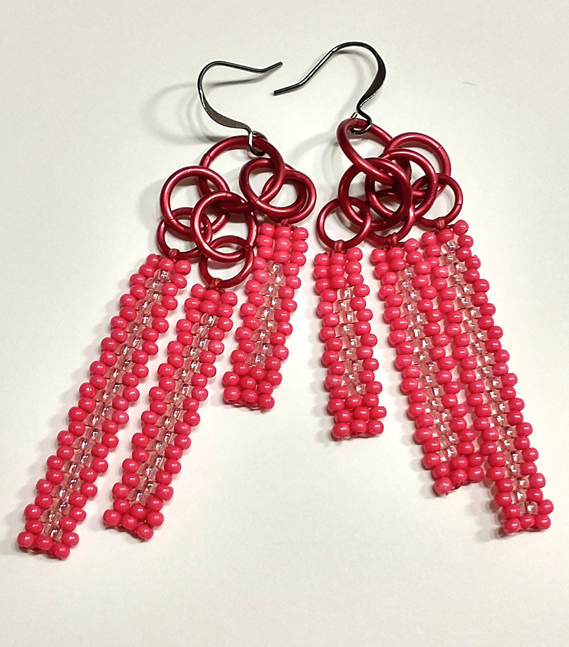 Tiered Red Beaded Earrings | Seed Bead Geometric Fringe | Colorful Woven Dangles | Handwoven Native Beadwork | Chic Bohemian Jewelry |
