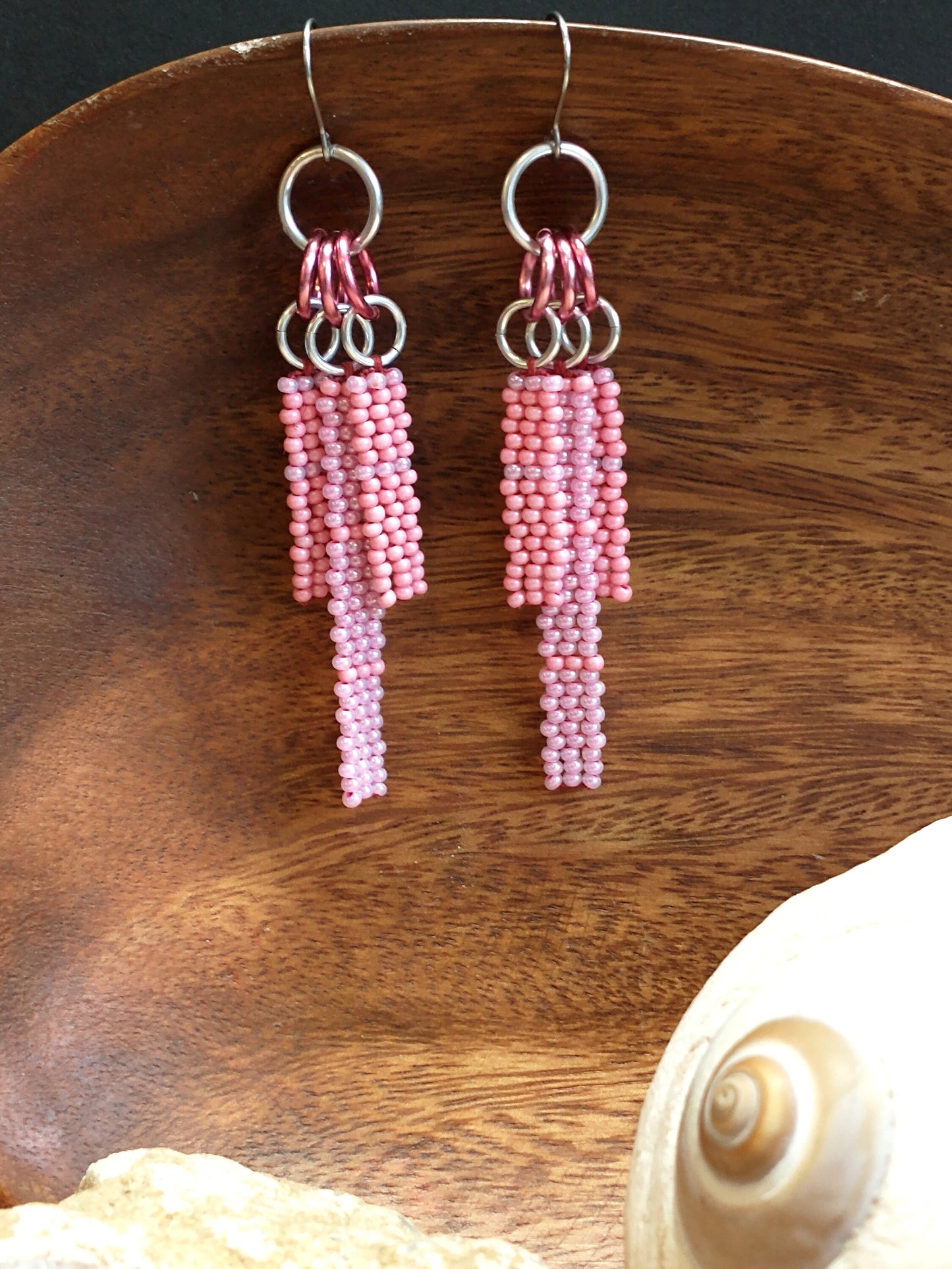 Soft Pink Beaded Bar Drop Earrings | Pink Aesthetic Geometric Fringe | Handwoven Native Beadwork | Chic Bohemian Jewelry | PNW Artisan Gifts