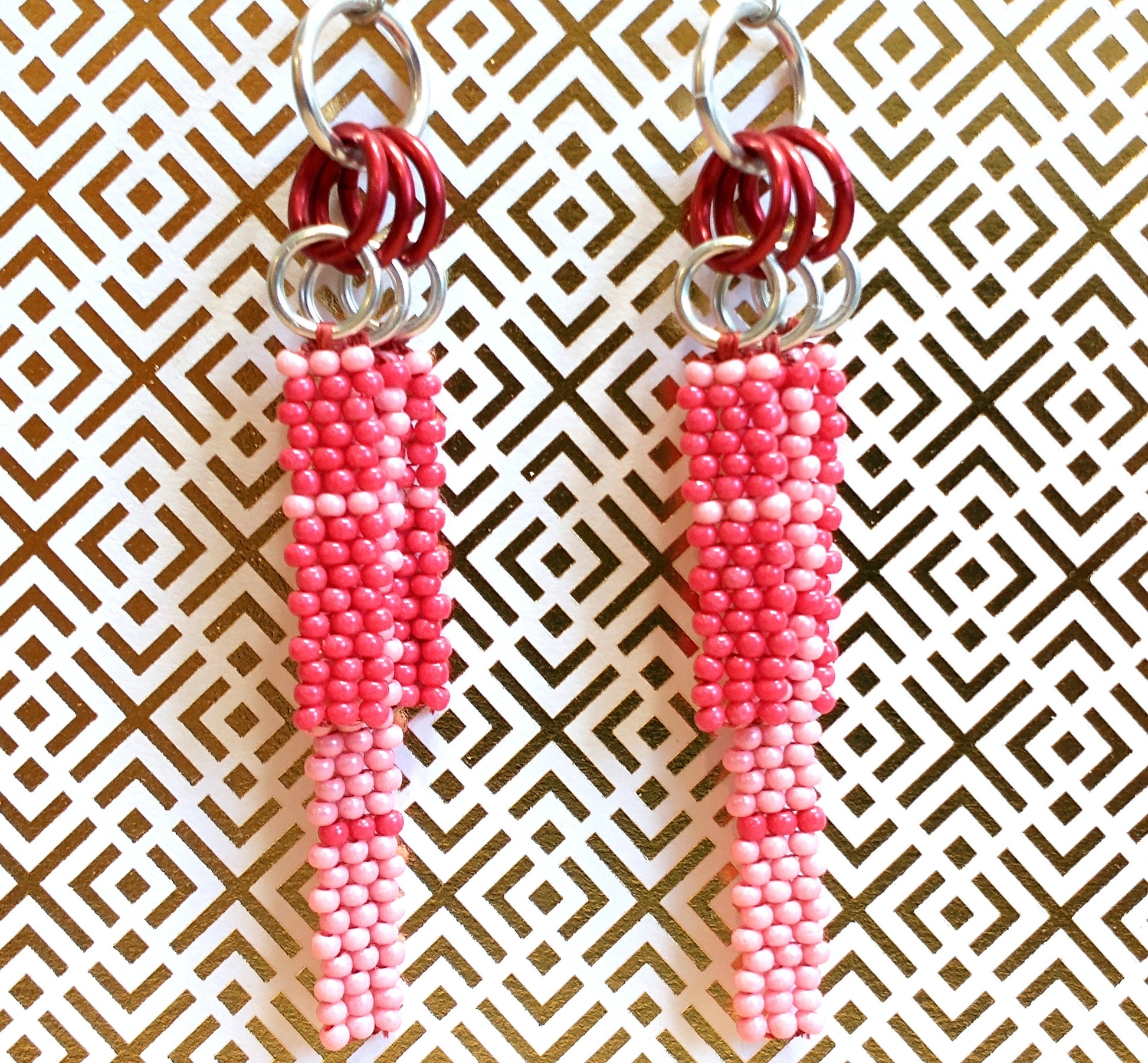 Pink Aesthetic Beaded Earrings | Geometric Fringe Dangles | Handwoven Native Beadwork | Colorful Chic Bohemian Jewelry | PNW Handmade Gifts