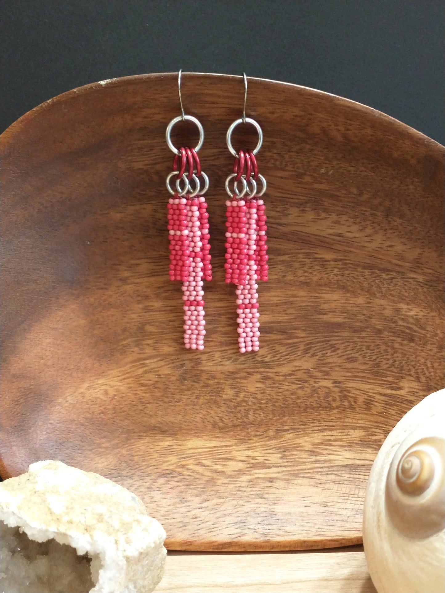Pink Aesthetic Beaded Earrings | Geometric Fringe Dangles | Handwoven Native Beadwork | Colorful Chic Bohemian Jewelry | PNW Handmade Gifts