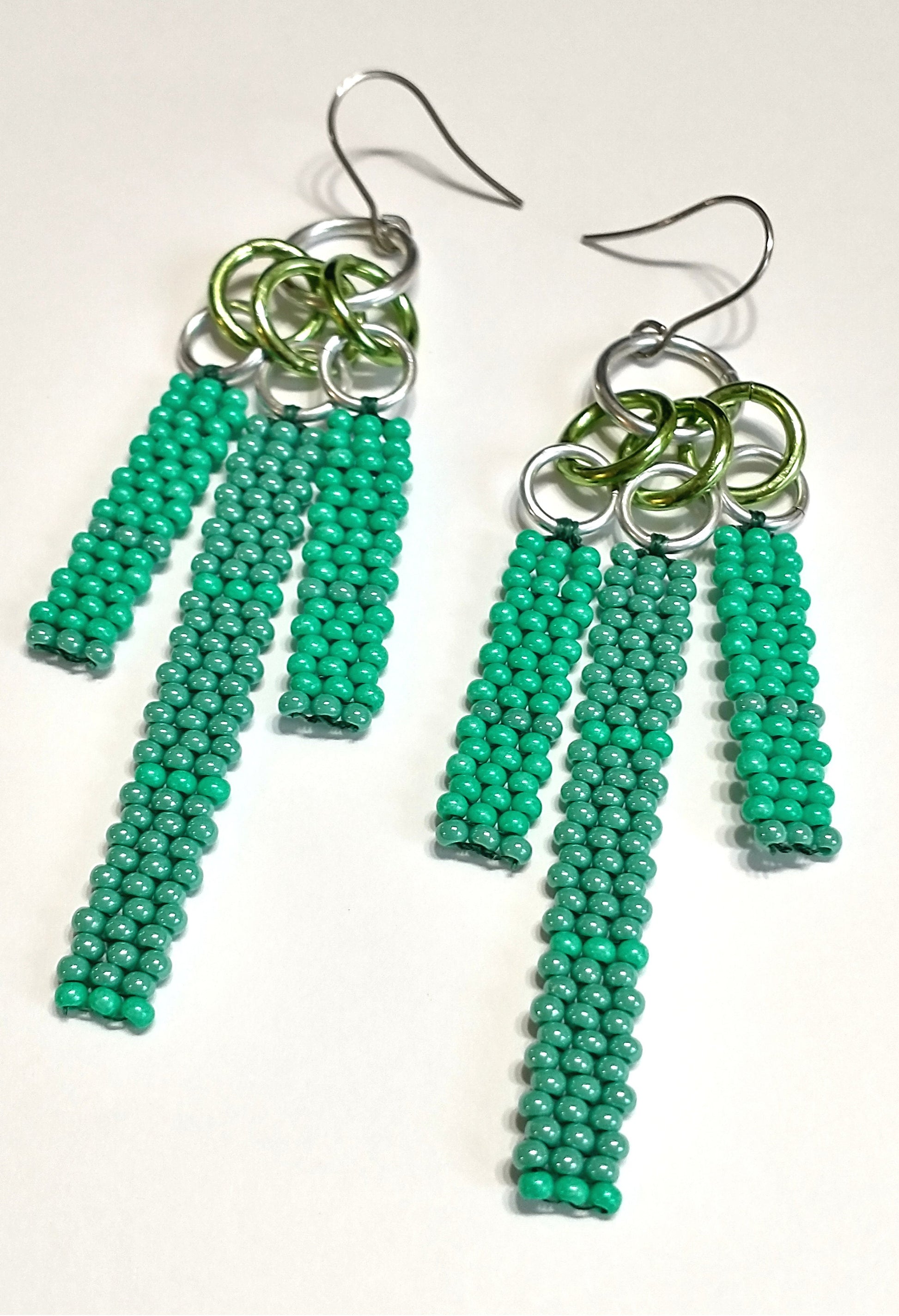 Teal & Mint Beaded Bar Drop Earrings | Seed Bead Fringe | Colorful Dangles | Handwoven Native Beadwork | Chic Bohemian Jewelry | PNW Gift
