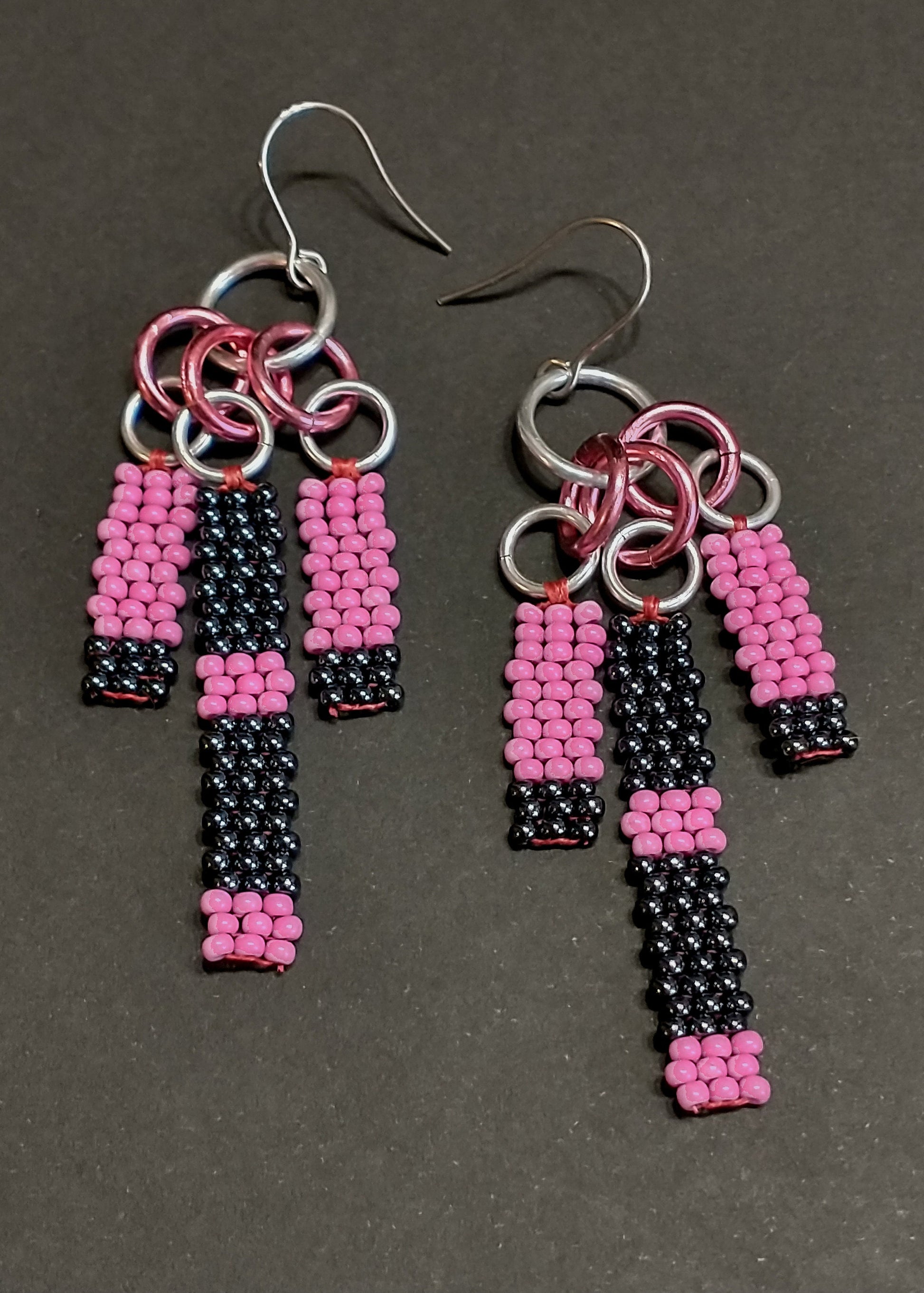 Pink & Black Beaded Bar Drop Earrings | Seed Beads Fringe Dangles | Handwoven Native Beadwork | Chic Bohemian Jewelry | PNW Gifts