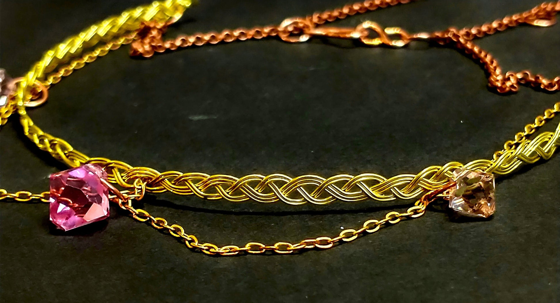 Pink Swarovski Crystal Rococo Choker Necklace | Celtic Braided Brass Necklace | Dainty Victorian Jewelry | Artisan Boho Jewelry