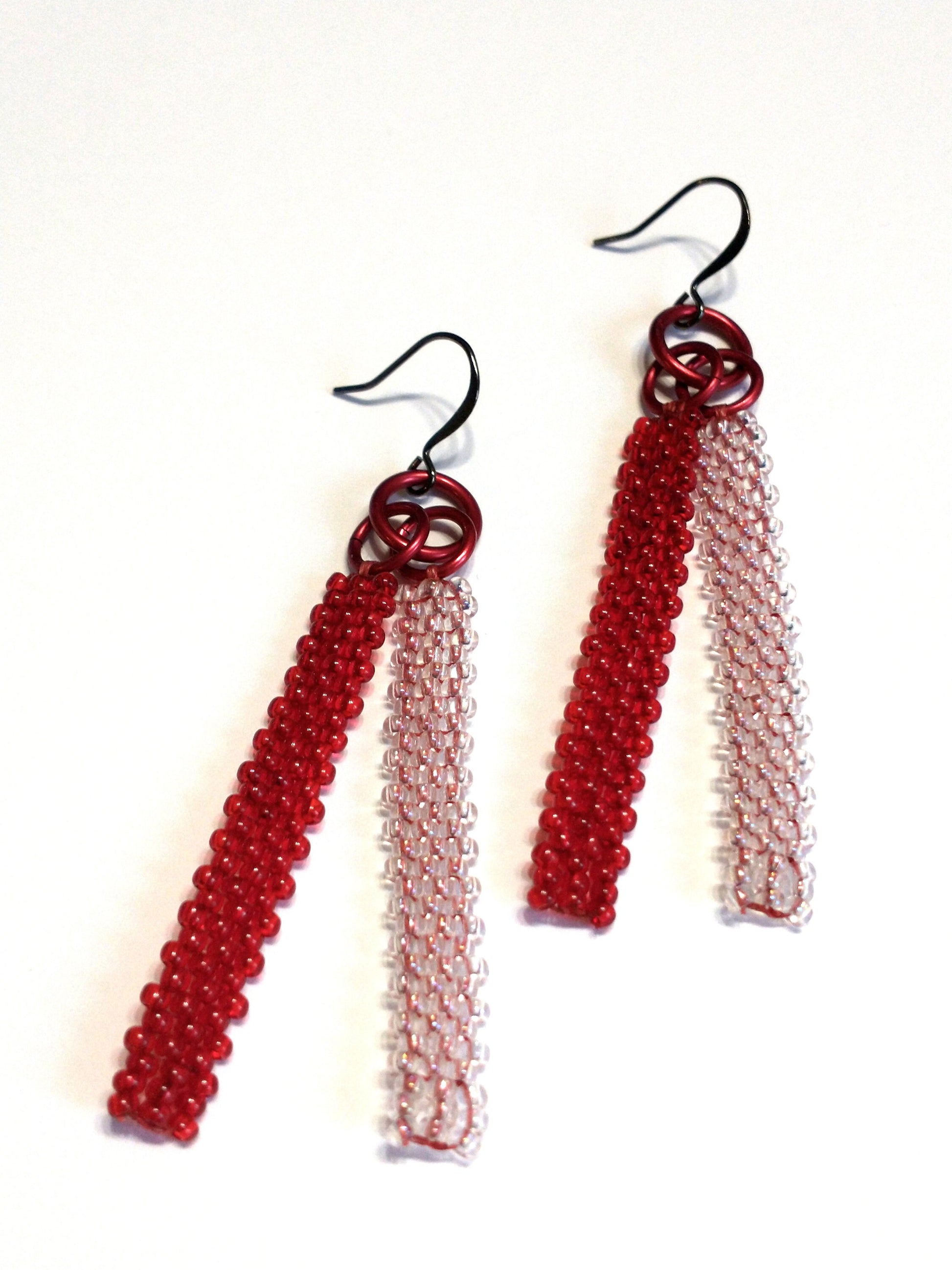 Minimalist Beaded Bar Drop Earrings | Romantic Red & Pink | Tiny Translucent Glass Seed Beads | Handwoven Everyday Dangles | 90s Aesthetic 