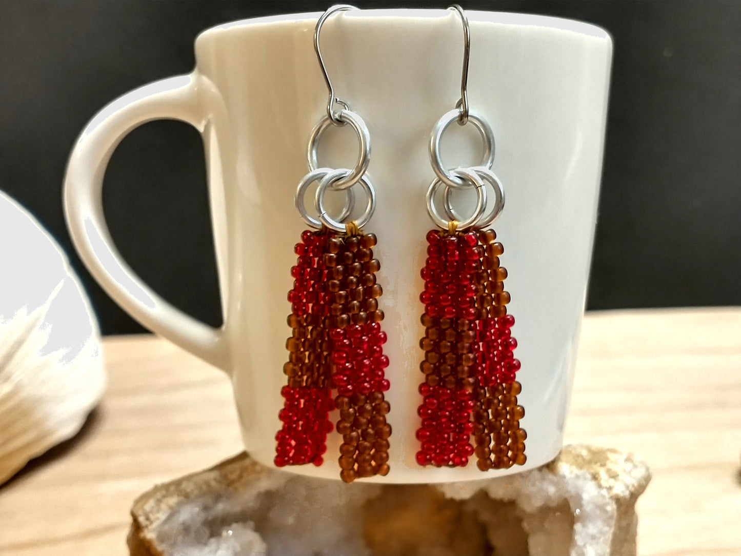 Bar Drop Earrings | Brown And Red Earrings Dangle | Mini Bead Earrings | Minimalist Dangle Earrings | Beadwork Jewelry | Handwoven Earrings