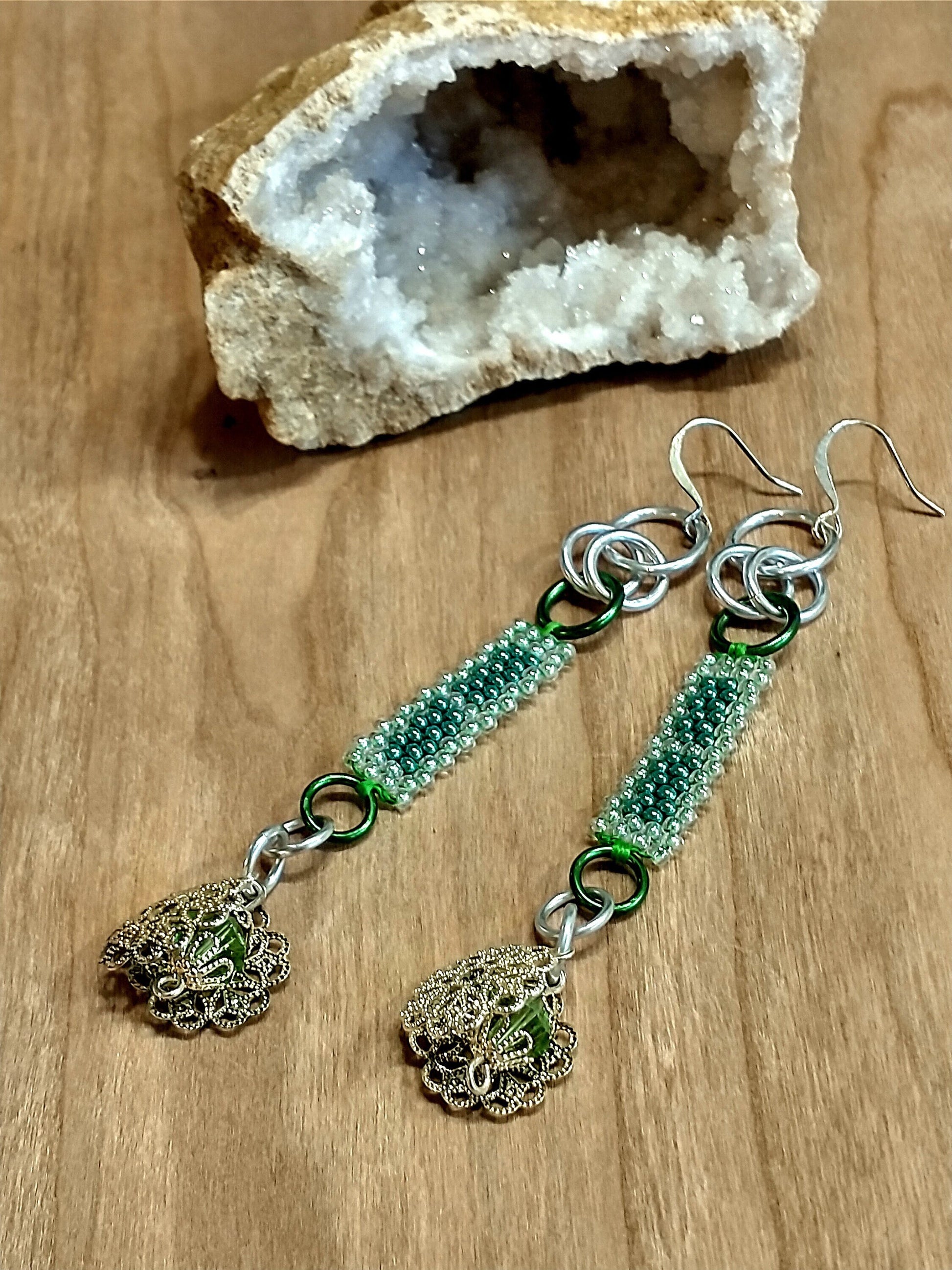 Filigree Flower Bar Drop Earrings | Bohemian Green Crystal Dangles| Spring Swarovski Jewelry | Handwoven Native Beadwork | Birthday Gift