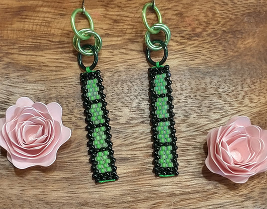 Black & Green Bar Drop Earrings | Minimalist Beaded Jewelry | High Contrast Pastel | Handwoven Native Beadwork | Spring Birthday/Friend Gift