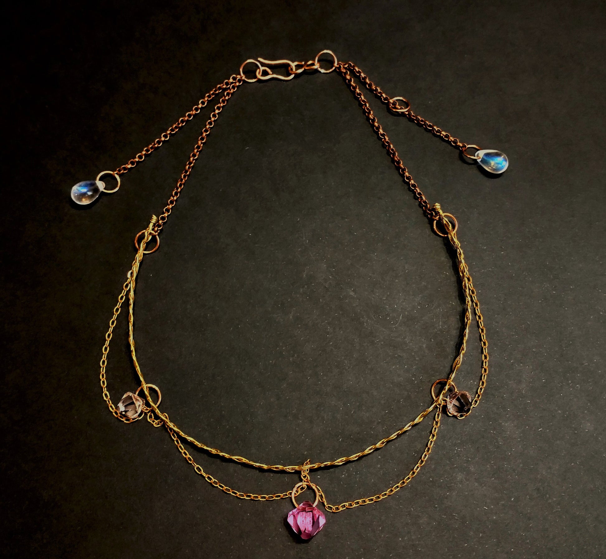 Pink Swarovski Crystal Rococo Choker Necklace | Celtic Braided Brass Necklace | Dainty Victorian Jewelry | Artisan Boho Jewelry