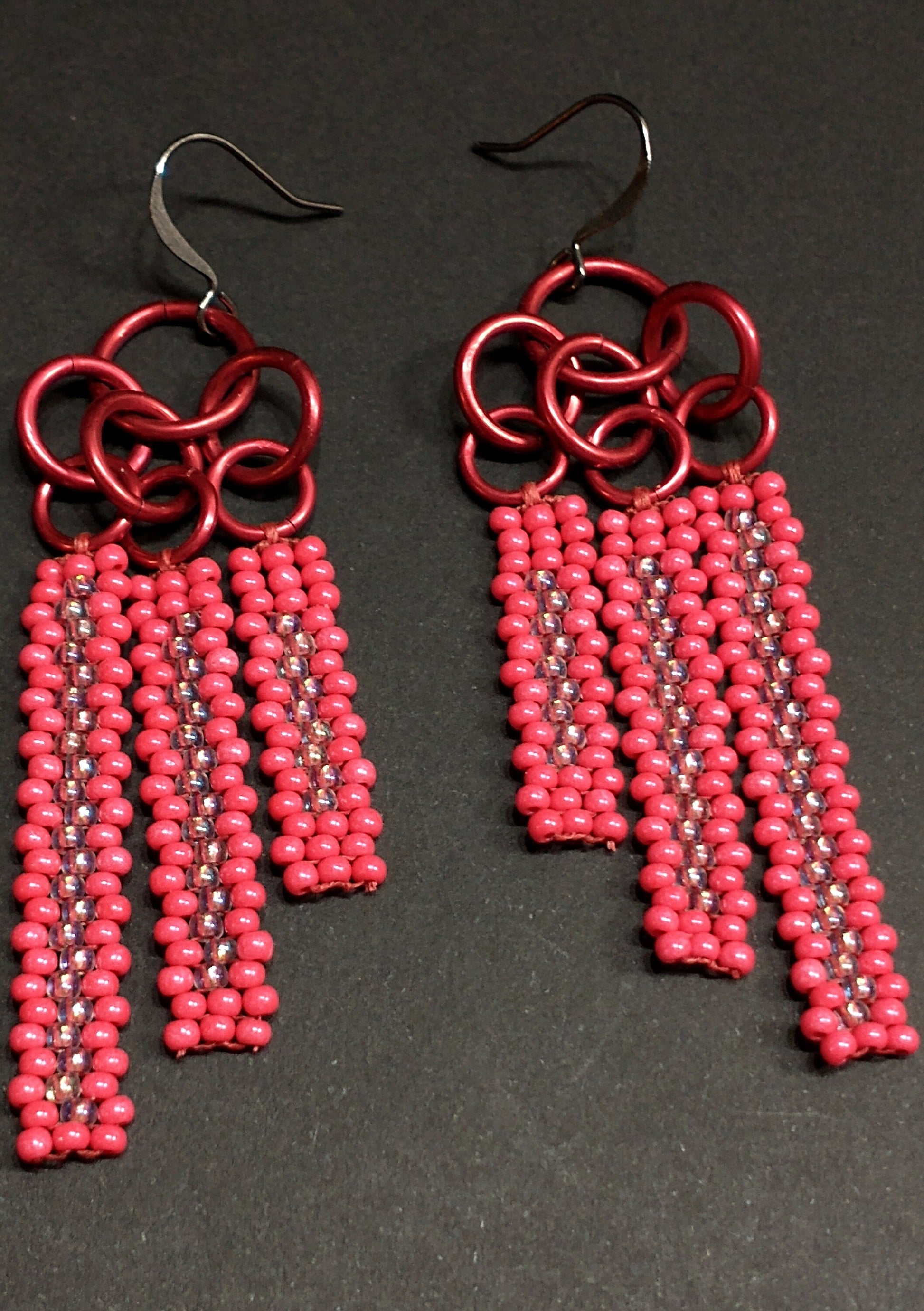 Tiered Red Beaded Earrings | Seed Bead Geometric Fringe | Colorful Woven Dangles | Handwoven Native Beadwork | Chic Bohemian Jewelry |