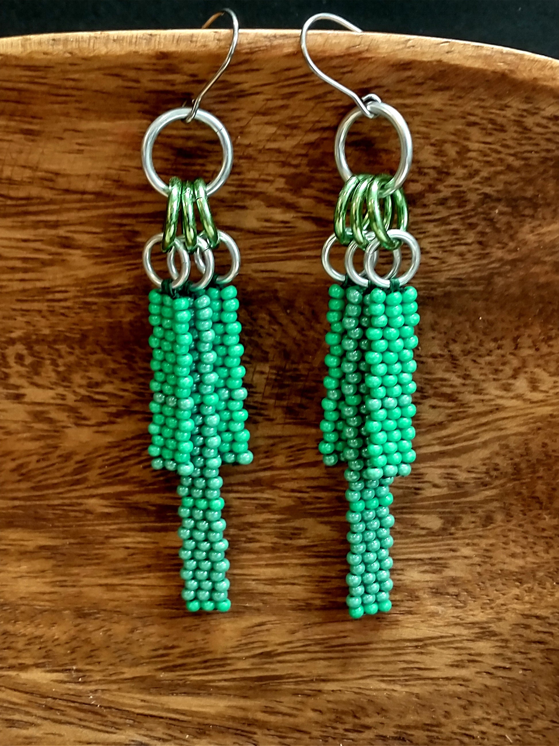 Teal & Mint Beaded Bar Drop Earrings | Seed Bead Fringe | Colorful Dangles | Handwoven Native Beadwork | Chic Bohemian Jewelry | PNW Gift