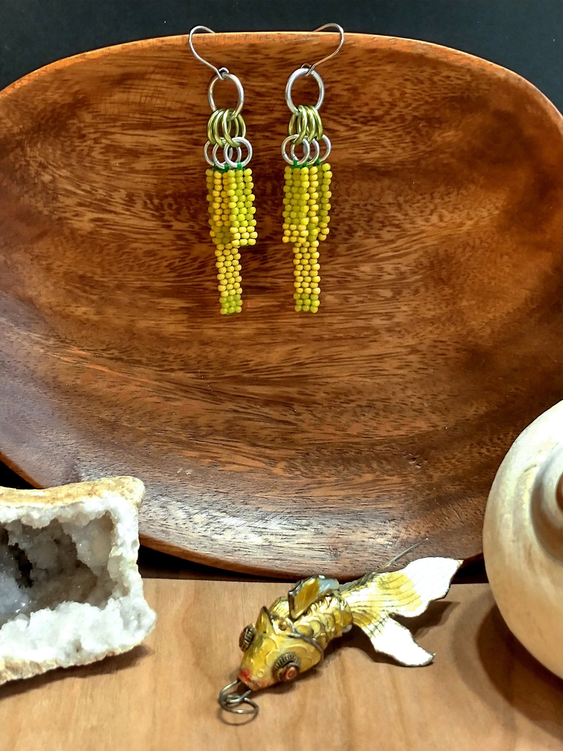 Lemon Yellow Beaded Bar Drop Earrings | Colorful Seed Bead Fringe Dangles | Handwoven Native Beadwork | Bohemian Chic Jewelry | PNW Gift