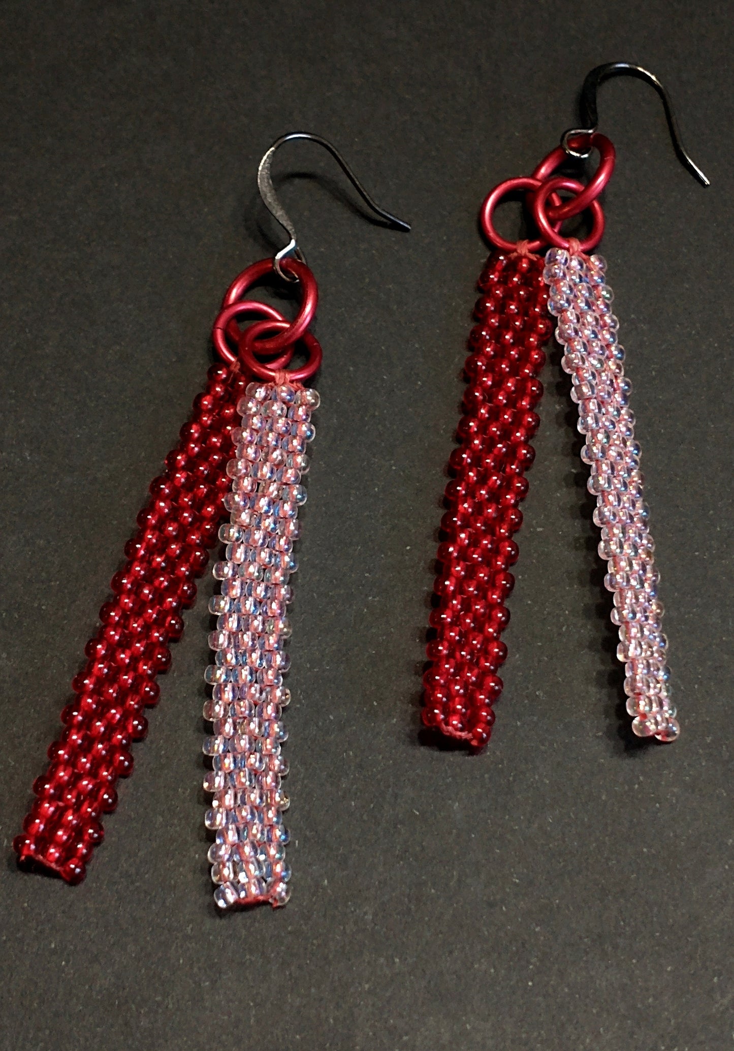 Minimalist Beaded Bar Drop Earrings | Romantic Red & Pink | Tiny Translucent Glass Seed Beads | Handwoven Everyday Dangles | 90s Aesthetic 