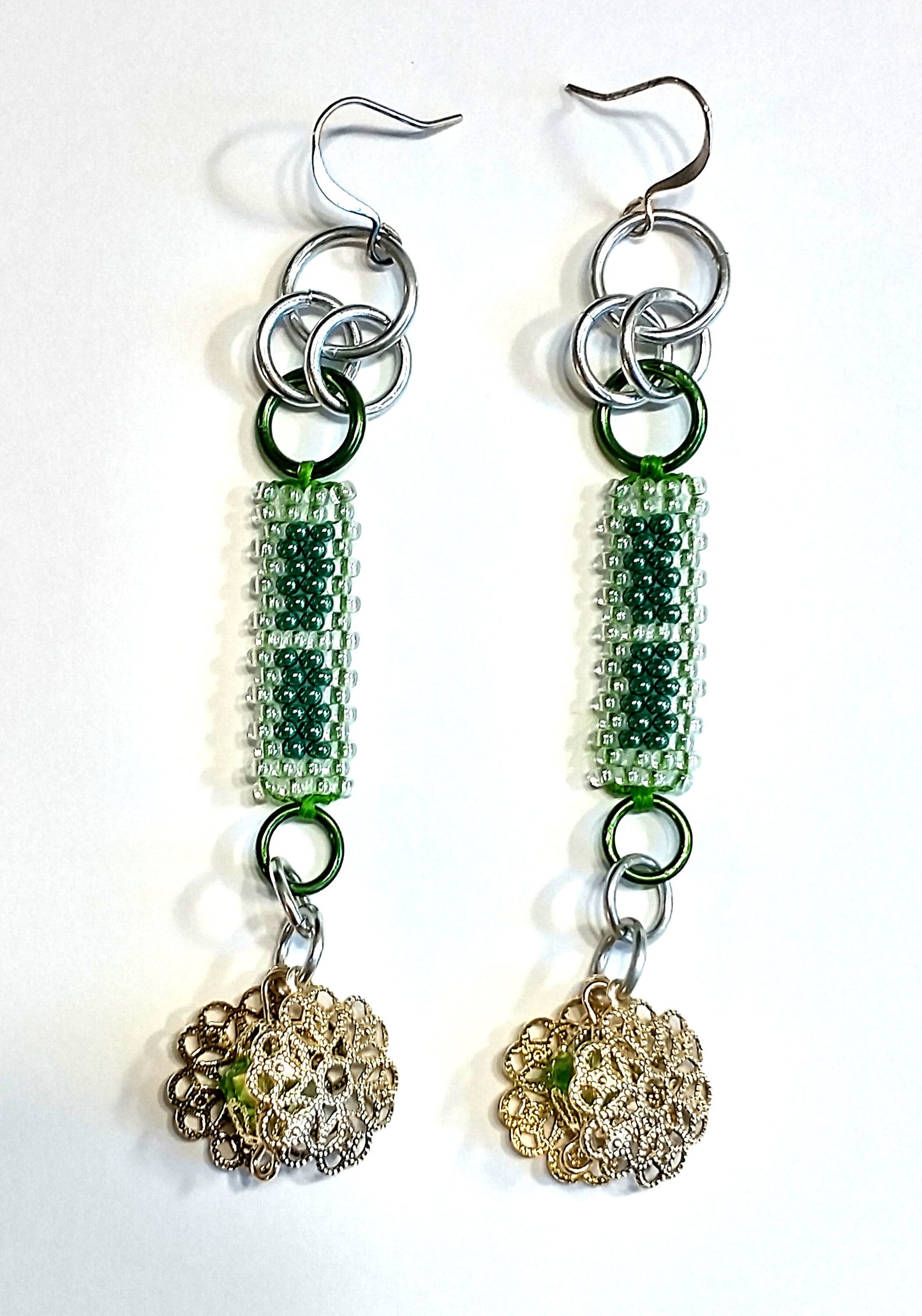 Filigree Flower Bar Drop Earrings | Bohemian Green Crystal Dangles| Spring Swarovski Jewelry | Handwoven Native Beadwork | Birthday Gift