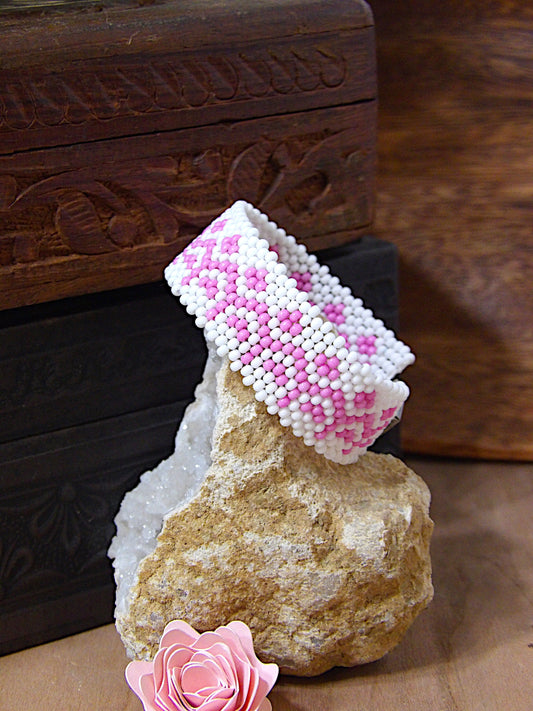 Pink & White Hand Woven Glass Beaded Bracelet | Seed Bead Folk Pattern Cuff | Wide Preppy Beaded Bracelet | Unique Boutique Jewelry Gift