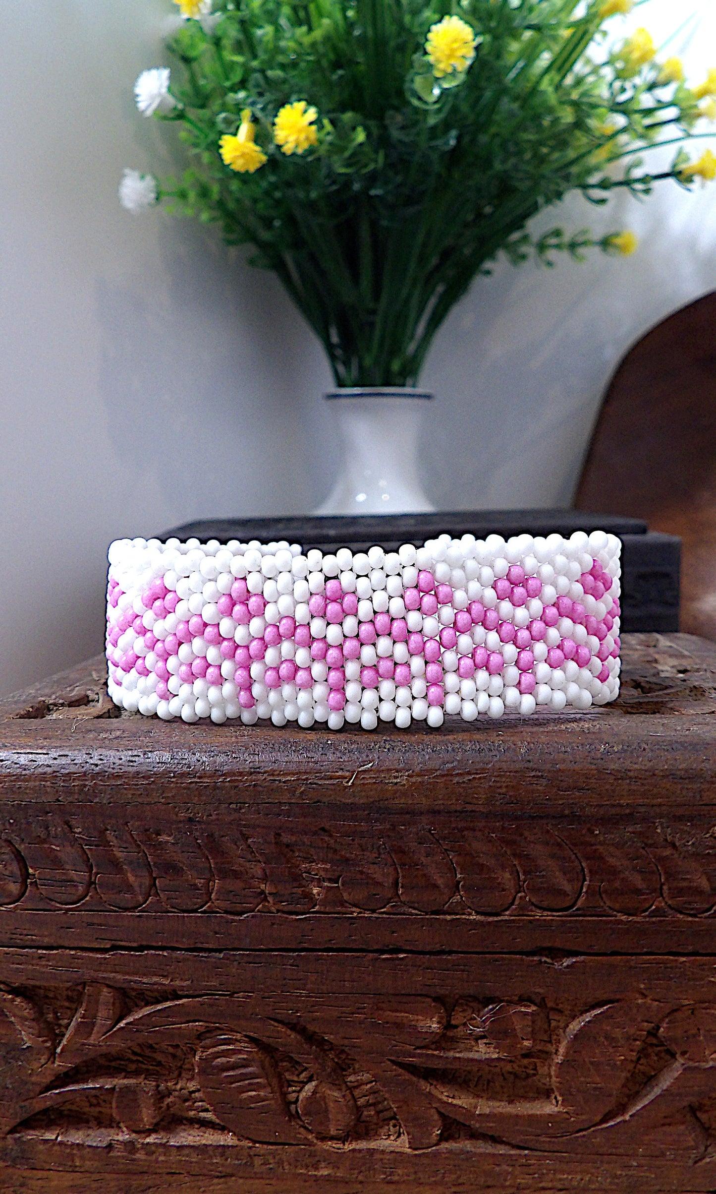 Pink & White Hand Woven Glass Beaded Bracelet | Seed Bead Folk Pattern Cuff | Wide Preppy Beaded Bracelet | Unique Boutique Jewelry Gift