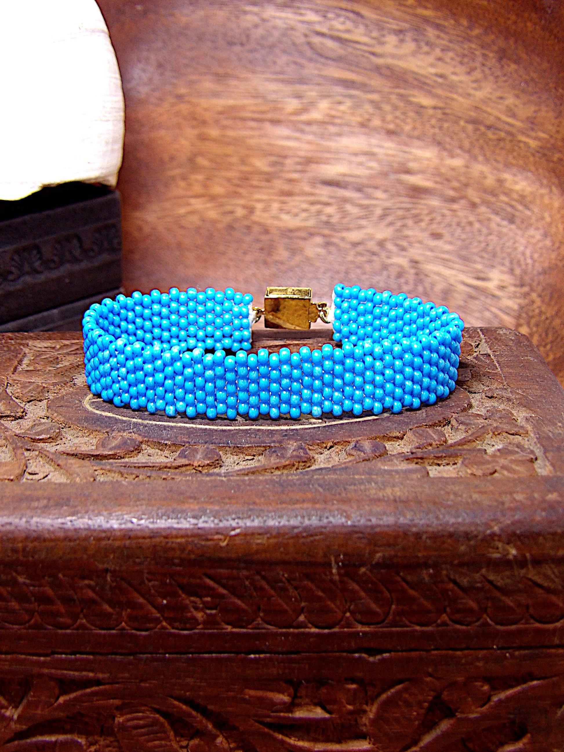 Blue Turquoise Czech Glass Seed Bead Bracelet w/Gold Filigree Box Clasp | Beaded Boho Cuff Bracelet | Woven Bohemian Jewelry | Boutique Gift