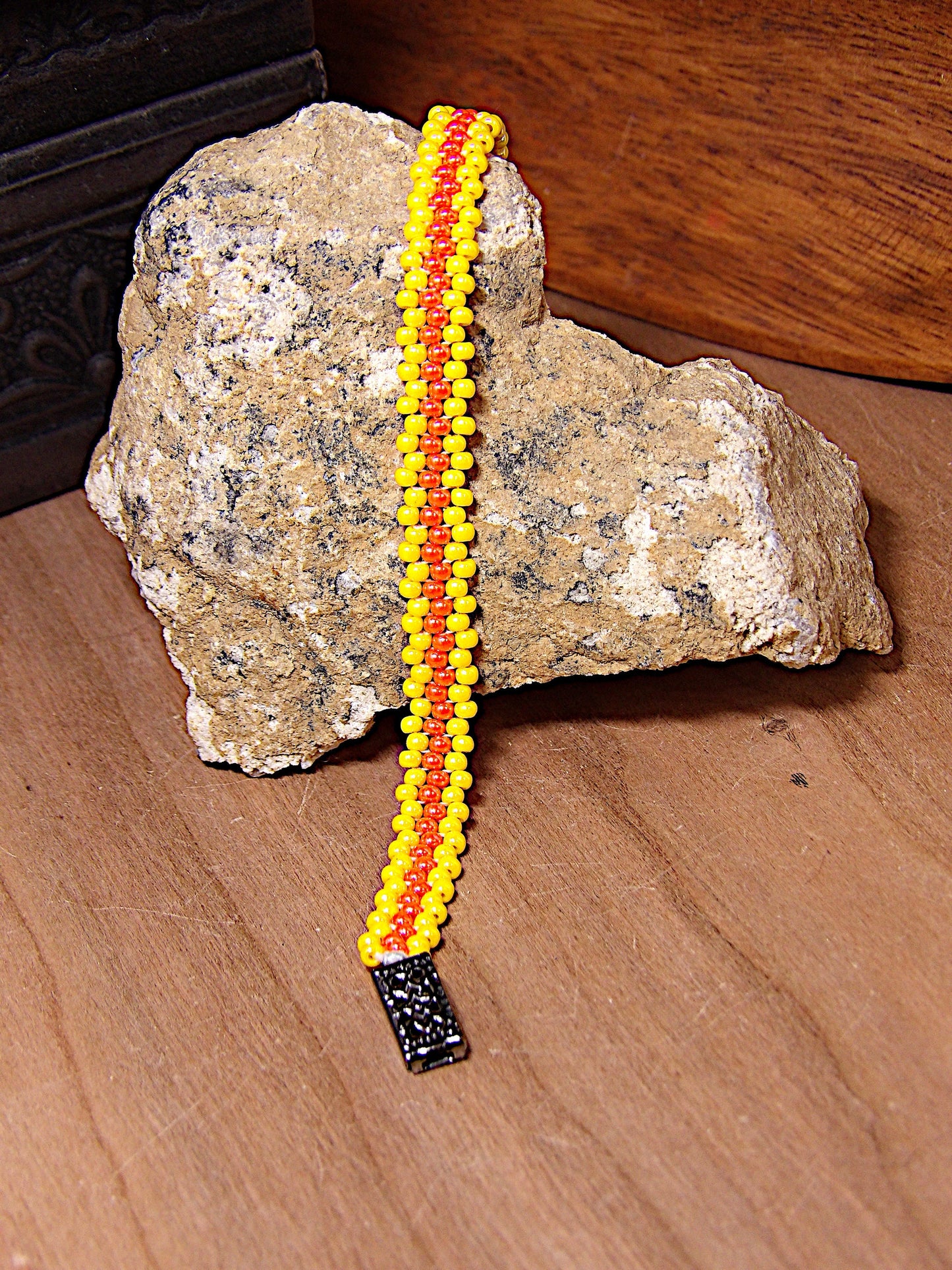 Dainty Yellow & Coral Orange Czech Glass Seed Bead Cuff Bracelet w/Filigree Clasp | Bright Woven Boho Jewelry | Handmade USA Boutique Gift