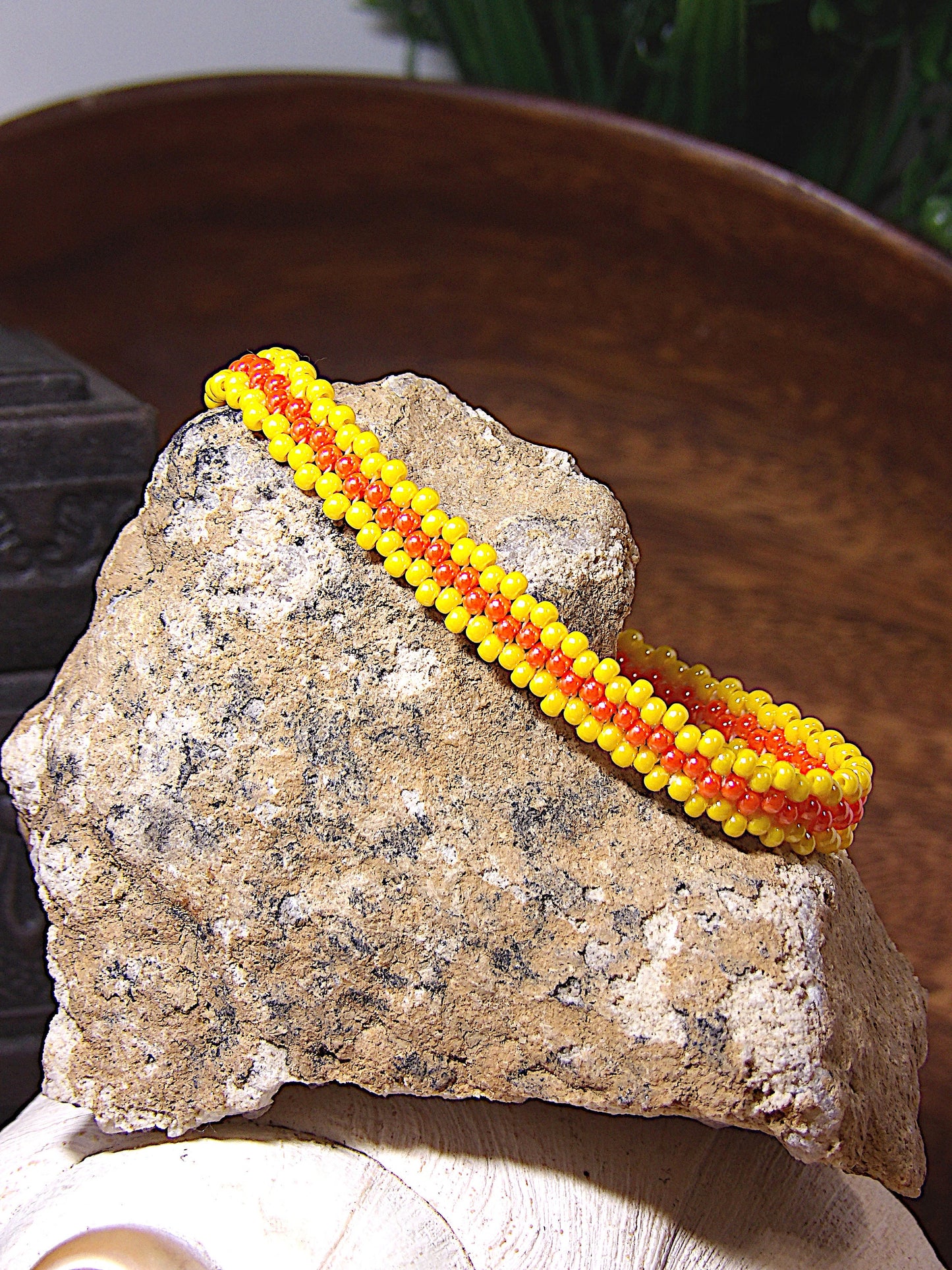 Dainty Yellow & Coral Orange Czech Glass Seed Bead Cuff Bracelet w/Filigree Clasp | Bright Woven Boho Jewelry | Handmade USA Boutique Gift