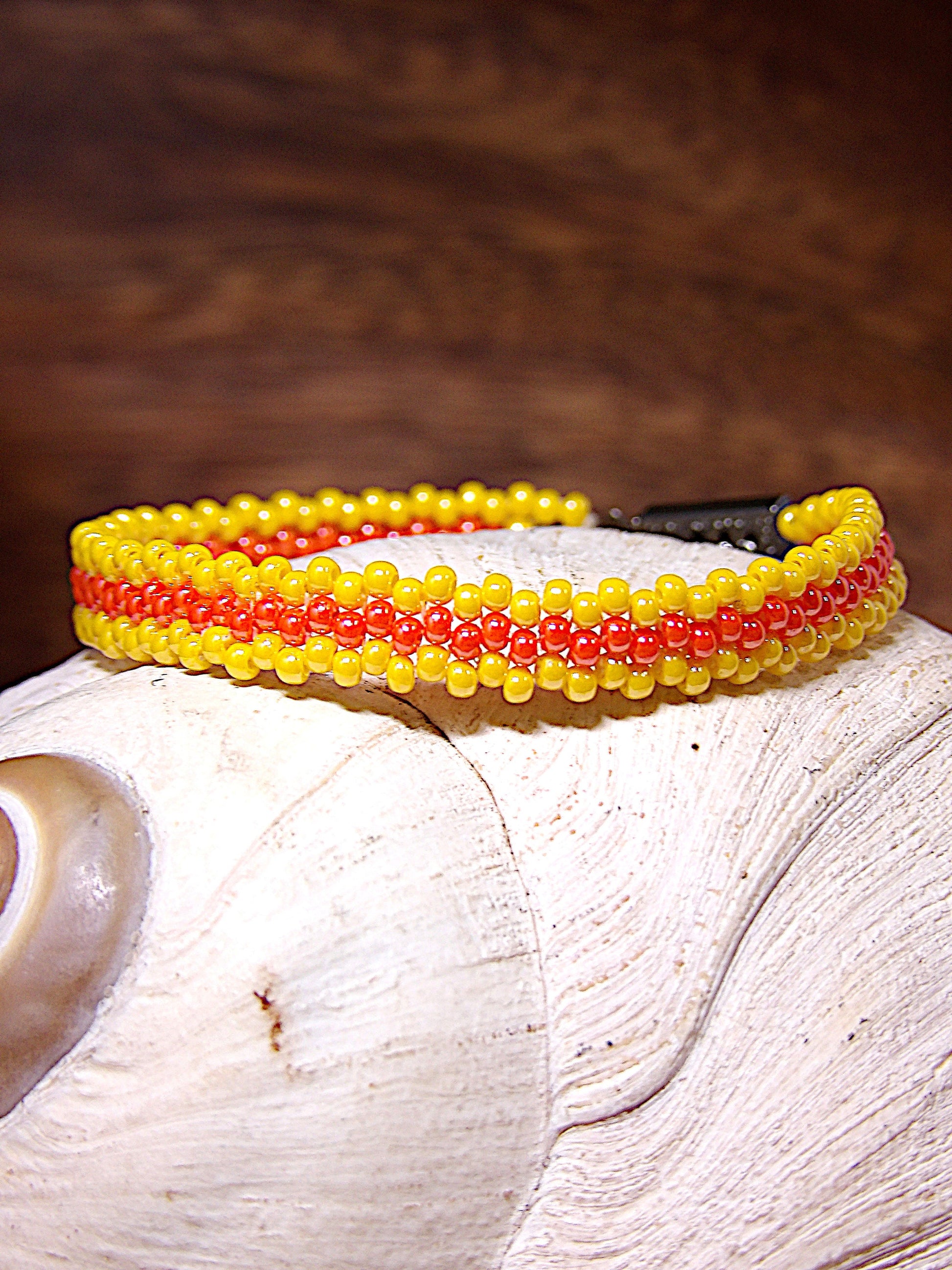 Dainty Yellow & Coral Orange Czech Glass Seed Bead Cuff Bracelet w/Filigree Clasp | Bright Woven Boho Jewelry | Handmade USA Boutique Gift