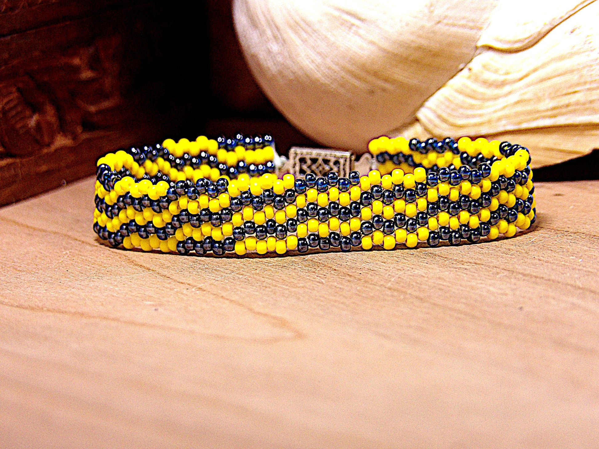 Luster Blue & Yellow Seed Bead Wave Cuff Bracelet w/Filigree Clasp | Bright Woven Boho Jewelry | Handmade USA Boutique One Of A Kind Gift